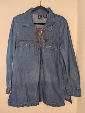 Crossing Pointe NWT Women Denim Blouse L Leather Laceup Western Rodeo Equestrian